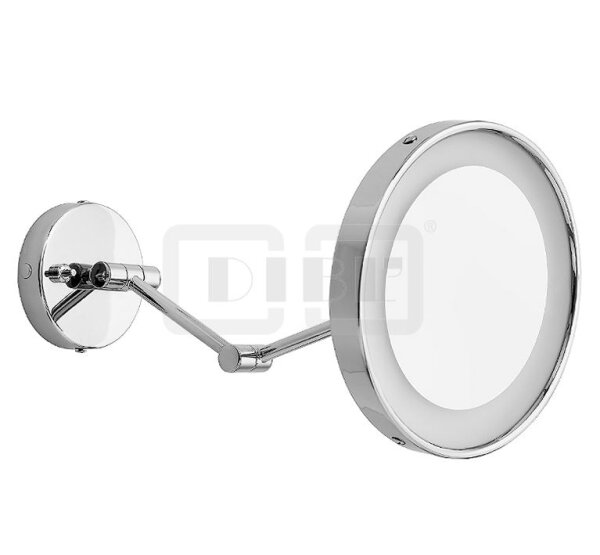 DIBLaccessoires Runder Rasierspiegel bzw. Kosmetikspiegel zur Wandmontage, mit 3-facher Vergrößerung, mit Doppelgelenkarm, mit LED-Beleuchtung