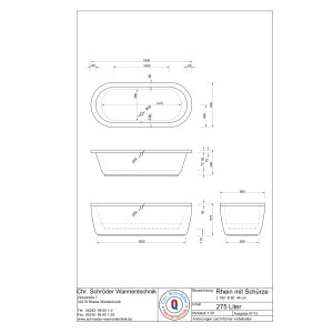 Freistehende Ovalbadewanne Rhein, 180 x 80 x 44 cm, weiß mit 1-teiliger Schürze