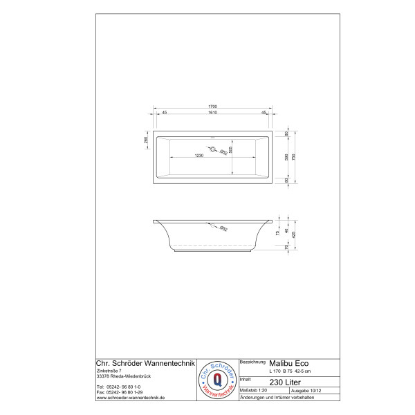 Rechteckwanne Malibu Eco Slim, 170 x 75 x 42,5 cm, weiß