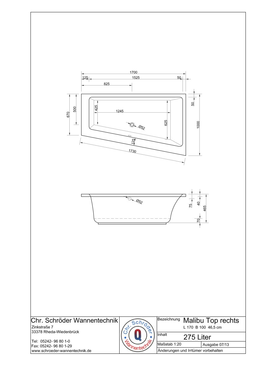 Raumsparwanne Malibu Top Slim, 170 x 100 x 46,5 cm,...