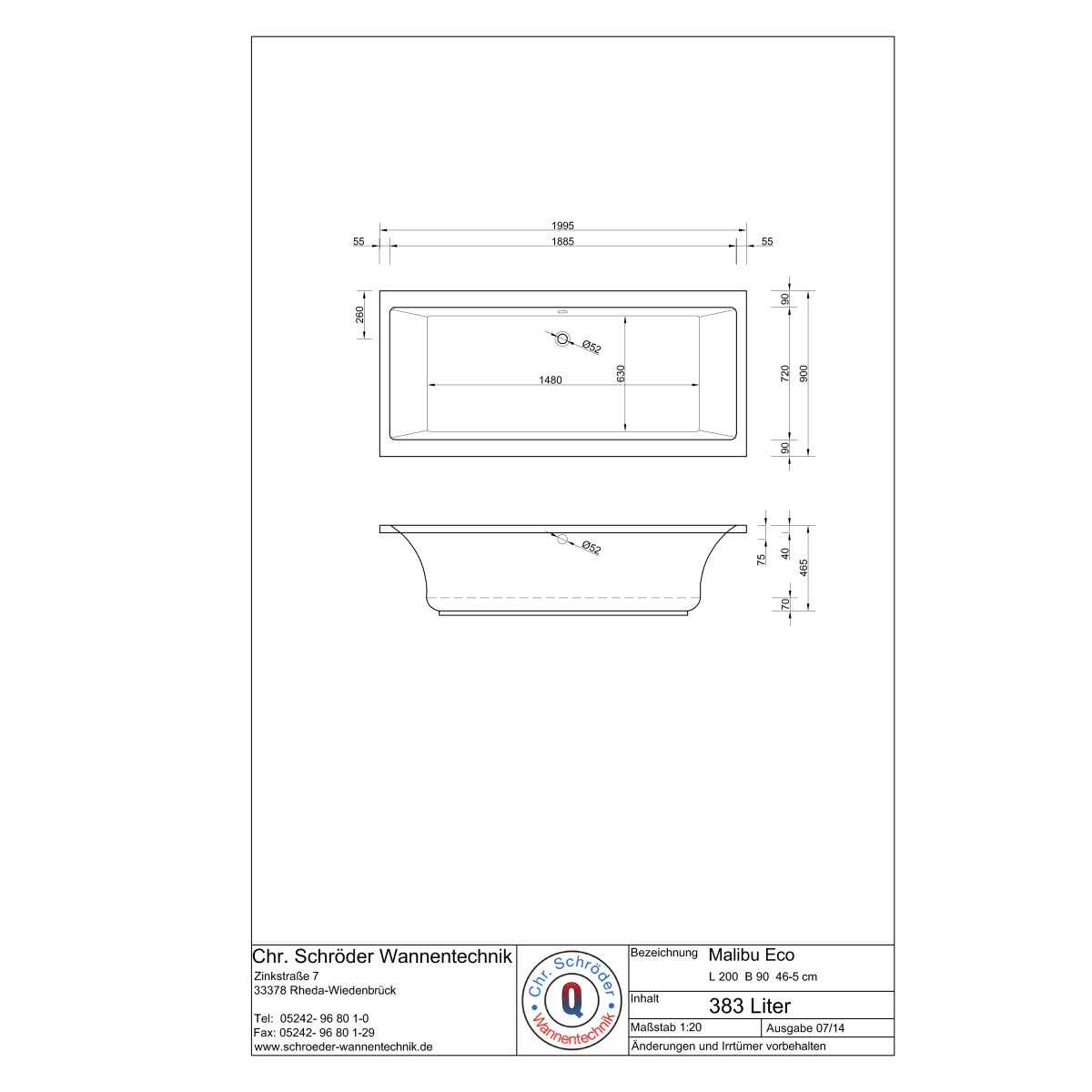 Rechteckwanne Malibu Eco Slim, 200 x 90 x 46,5 cm, wei&szlig