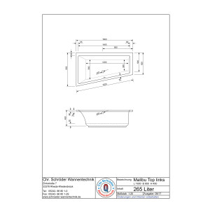 Raumsparwanne Malibu Top, 160 x 95 x 45 cm, weiß  Ausführung links
