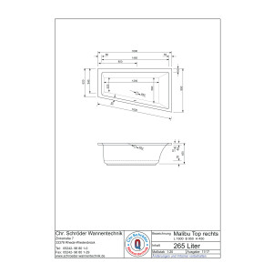 Raumsparwanne Malibu Top, 160 x 95 x 45 cm, weiß  Ausführung rechts