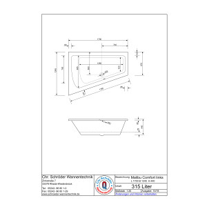 Raumsparwanne Malibu Comfort, 170 x 125 x 45 cm, weiß  Ausführung links