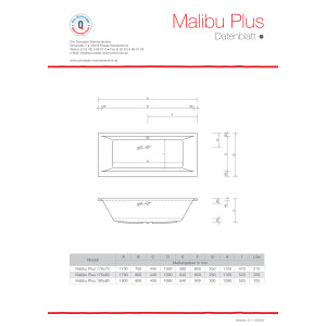 Rechteckwanne Malibu Plus, 170 x 80 x 44 cm, weiß