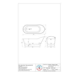 Freistehende Badewanne Ovalwanne Golem Classic, 172 x 70 x 77,5 cm, schneeweiß matt, integrierter Schürze, Überlaufdesign Slot