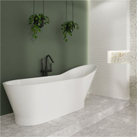 Freistehende Badewanne Ovalwanne Golem Classic, 172 x 70 x 77,5 cm, schneeweiß matt, integrierter Schürze, Überlaufdesign Slot