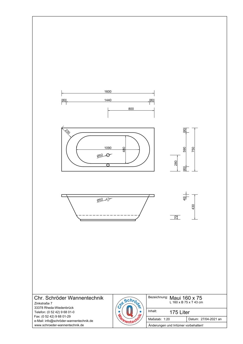 Rechteckbadewanne Maui, 160 x 75 x 43 cm, wei&szlig;