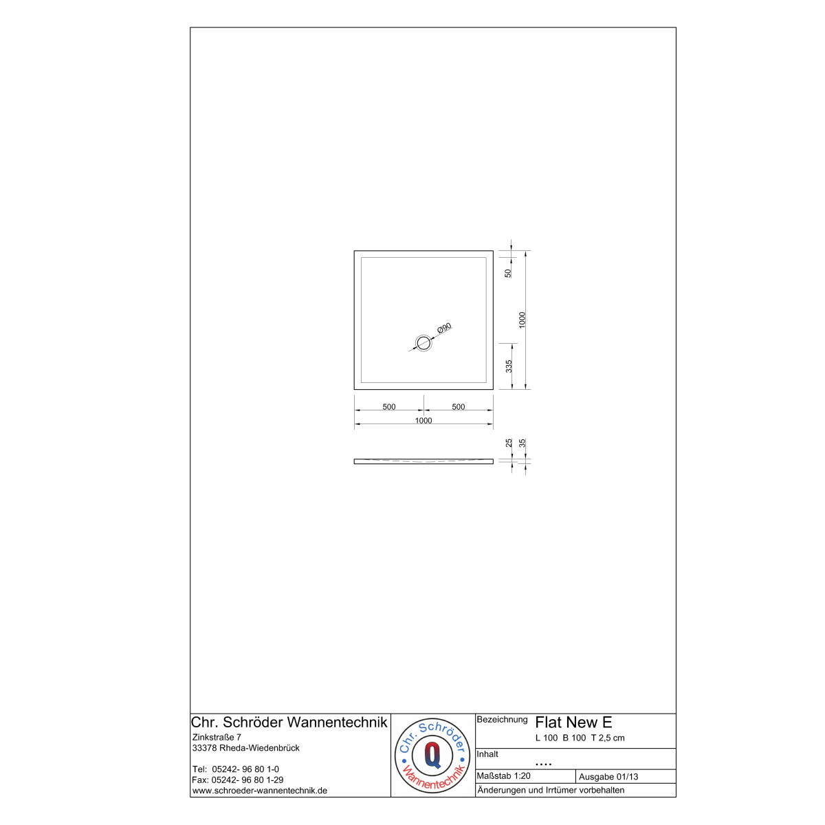 Viereckduschwanne Flat New E, 100 x 100 x 2,5 cm, weiß