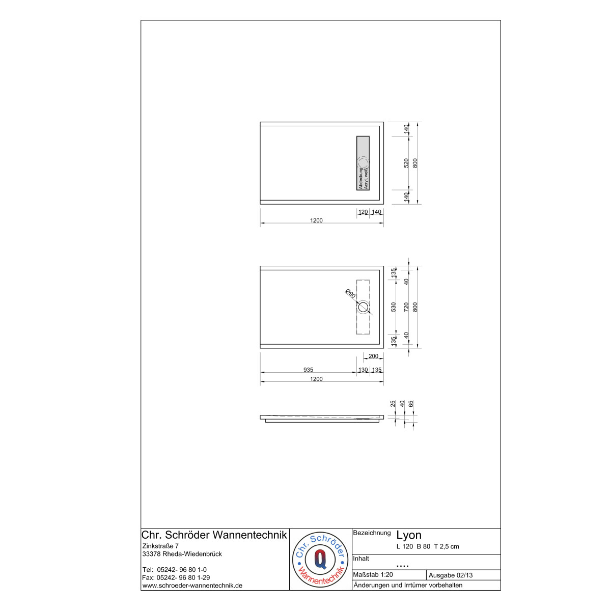 Rechteckduschwanne Lyon E, 120 x 80 x 2,5 cm, weiß ohn