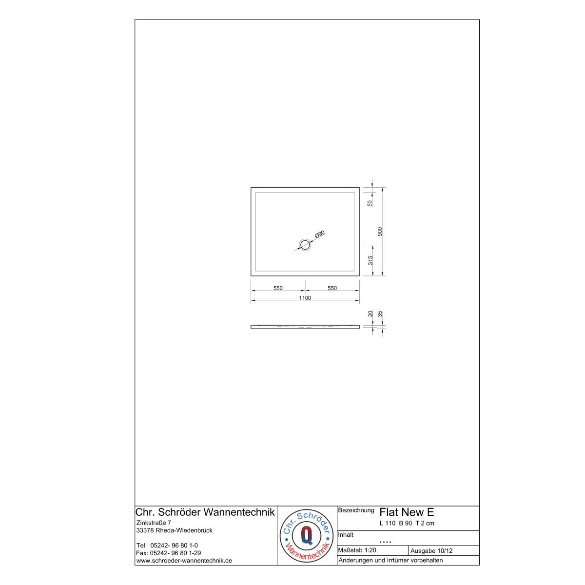 Rechteckduschwanne Flat New E, 110 x 90 x 2 cm, weiß i