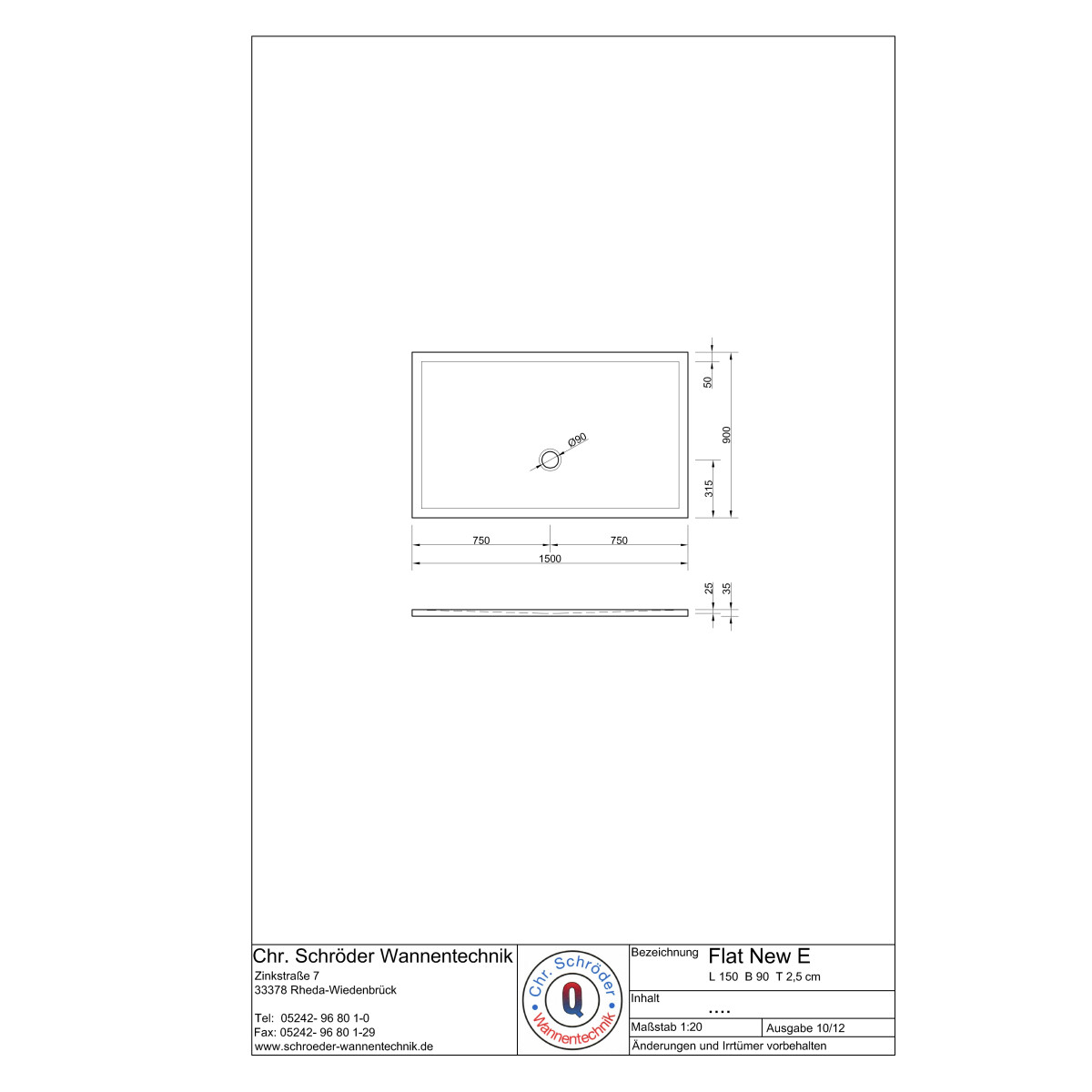 Rechteckduschwanne Flat New E, 150 x 90 x 2,5 cm, weiß