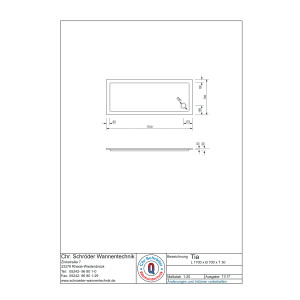 Rechteckduschwanne Tia Plus E, 170 x 70 x 3 cm, weiß