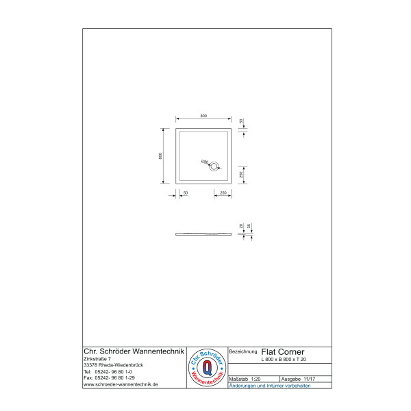 Viereckduschwanne Flat Corner E, 80 x 80 x 2,0 cm, weiß inkl. CS-Finish-Dichtsystem
