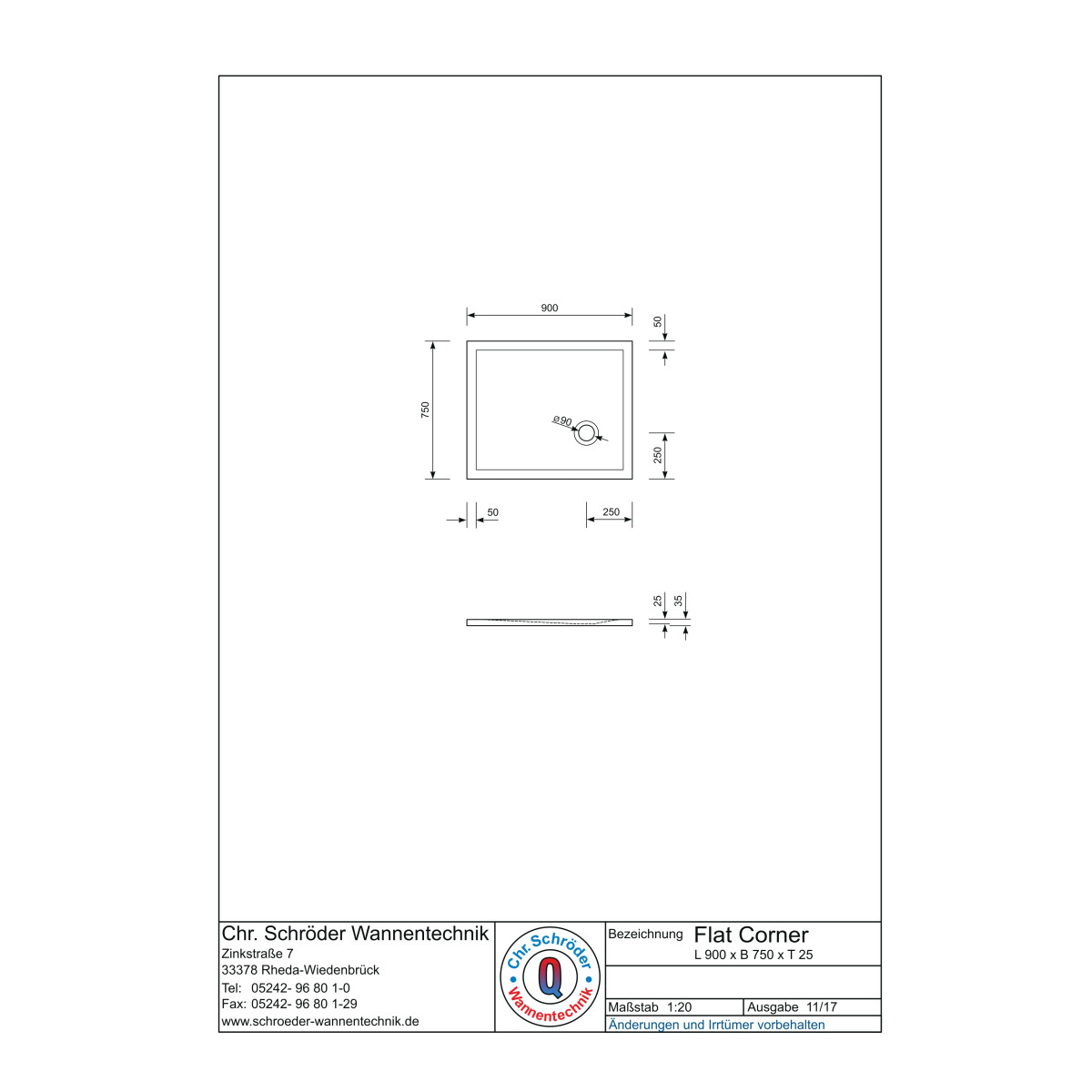 Rechteckduschwanne Flat Corner E, 90 x 75 x 2 cm, weiß