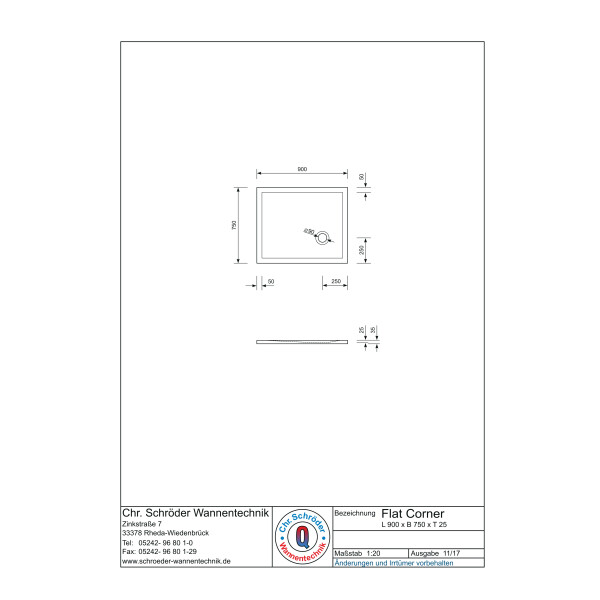 Rechteckduschwanne Flat Corner E, 90 x 75 x 2 cm, weiß inkl. CS-Finish-Dichtsystem