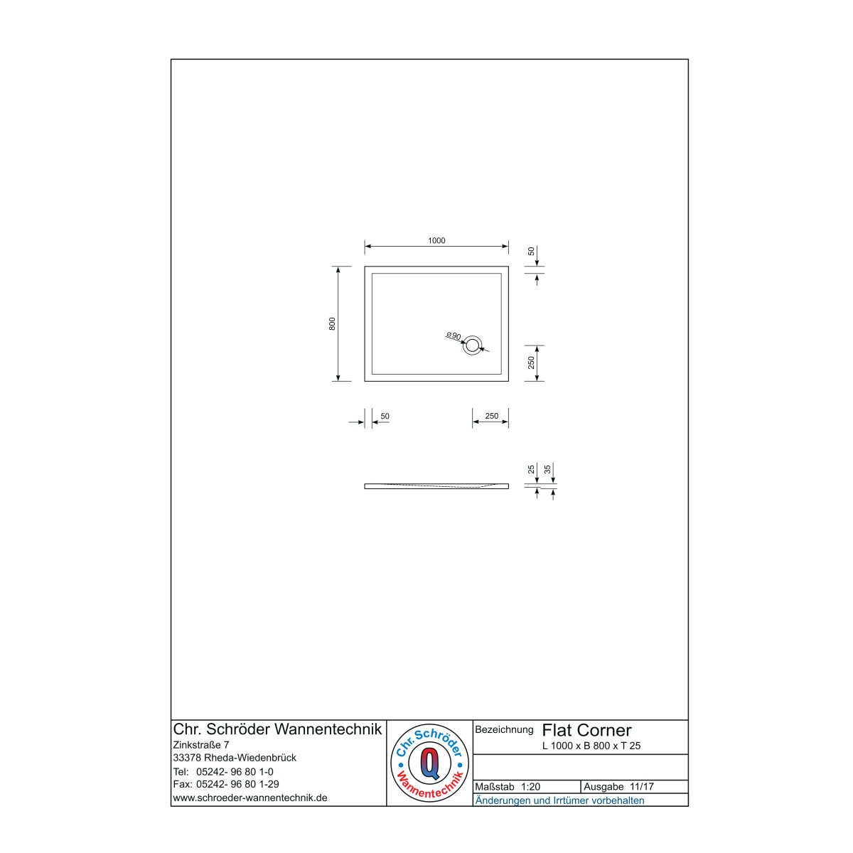 Rechteckduschwanne Flat Corner E, 100 x 80 x 2,5 cm, wei&szl