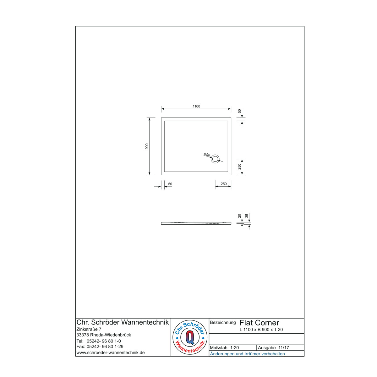 Rechteckduschwanne Flat Corner E, 110 x 90 x 2 cm,...