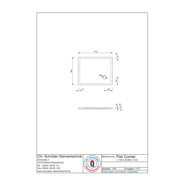 Rechteckduschwanne Flat Corner E, 110 x 90 x 2 cm, weiß inkl. CS-Finish-Dichtsystem