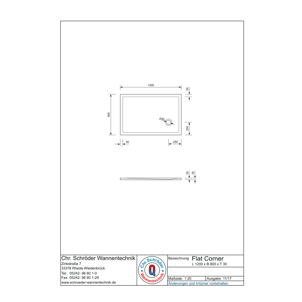 Rechteckduschwanne Flat Corner E, 120 x 80 x 3 cm, wei&szlig