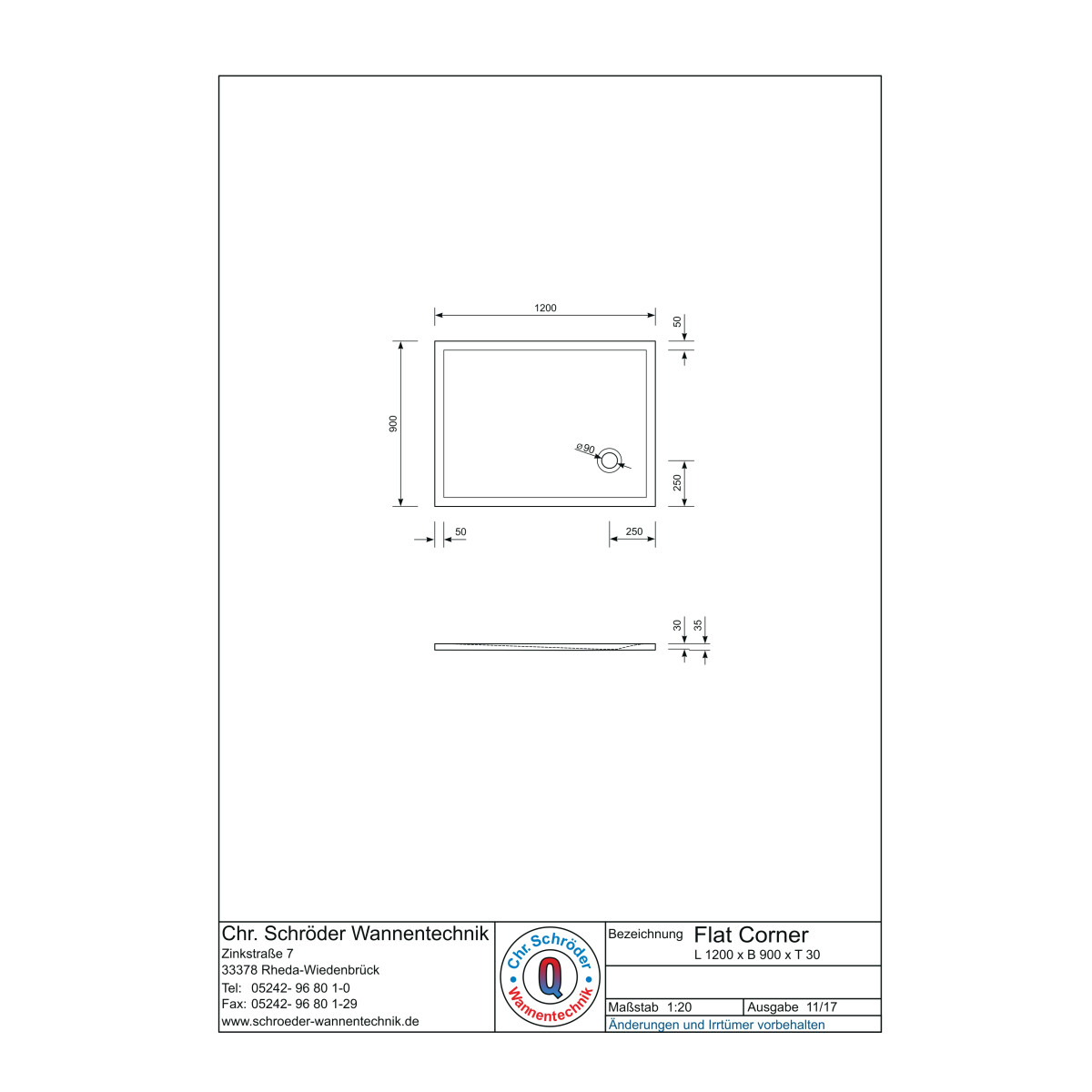 Rechteckduschwanne Flat Corner E, 120 x 90 x 3 cm, wei&szlig