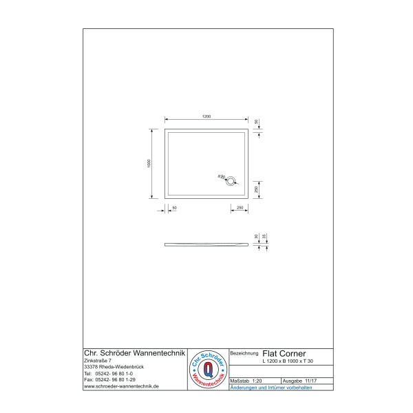 Rechteckduschwanne Flat Corner E, 120 x 100 x 3 cm, weiß inkl. CS-Finish-Dichtsystem