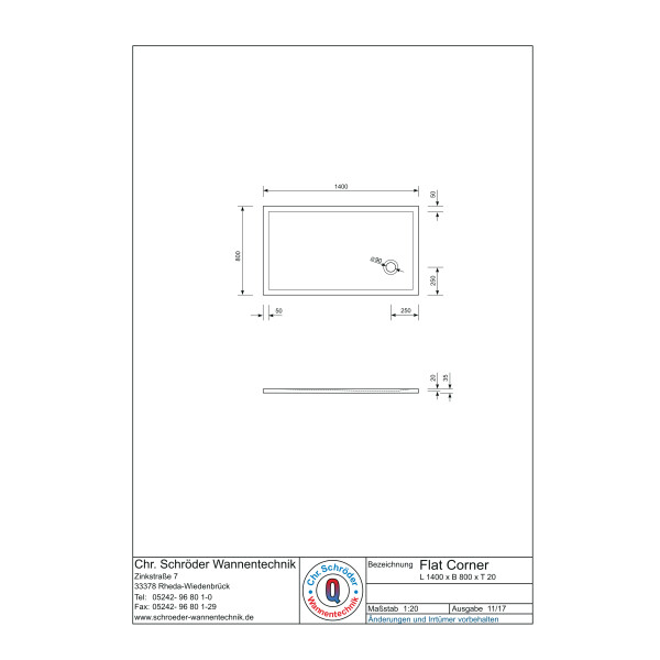 Rechteckduschwanne Flat Corner E, 140 x 80 x 2 cm, weiß inkl. CS-Finish-Dichtsystem