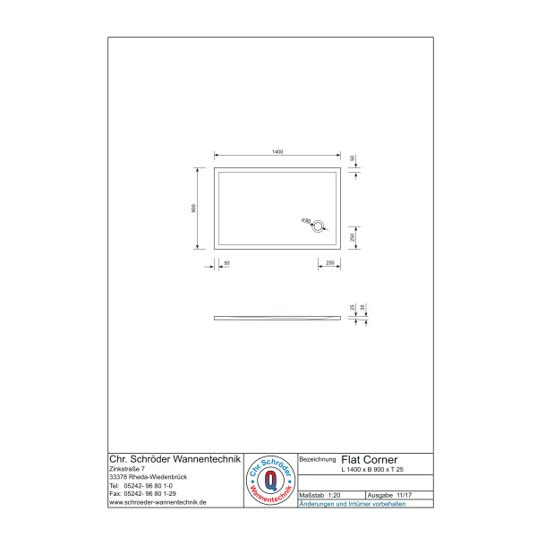 Rechteckduschwanne Flat Corner E, 140 x 90 x 2,5 cm, weiß inkl. CS-Finish-Dichtsystem