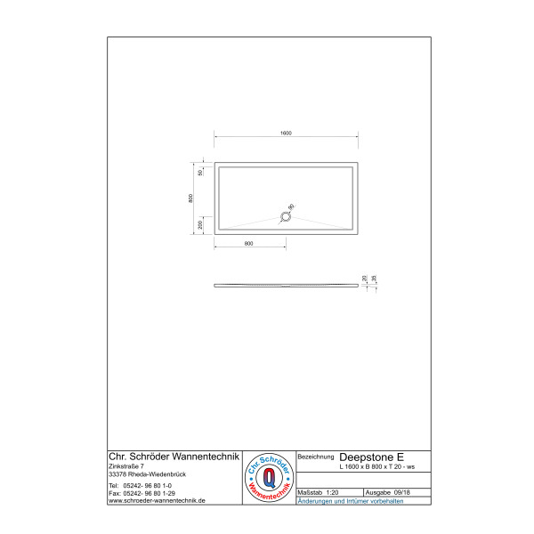 Rechteckduschwanne Deepstone E, 160 x 80 x 2 cm, weiß inkl. CS-Finish-Dichsystem
