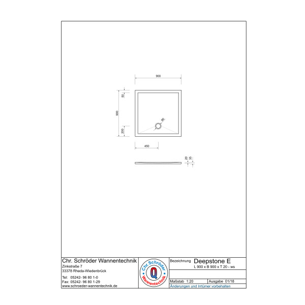 Viereckduschwanne Deepstone E, 90 x 90 x 2 cm, weiß inkl. CS-Finish-Dichsystem