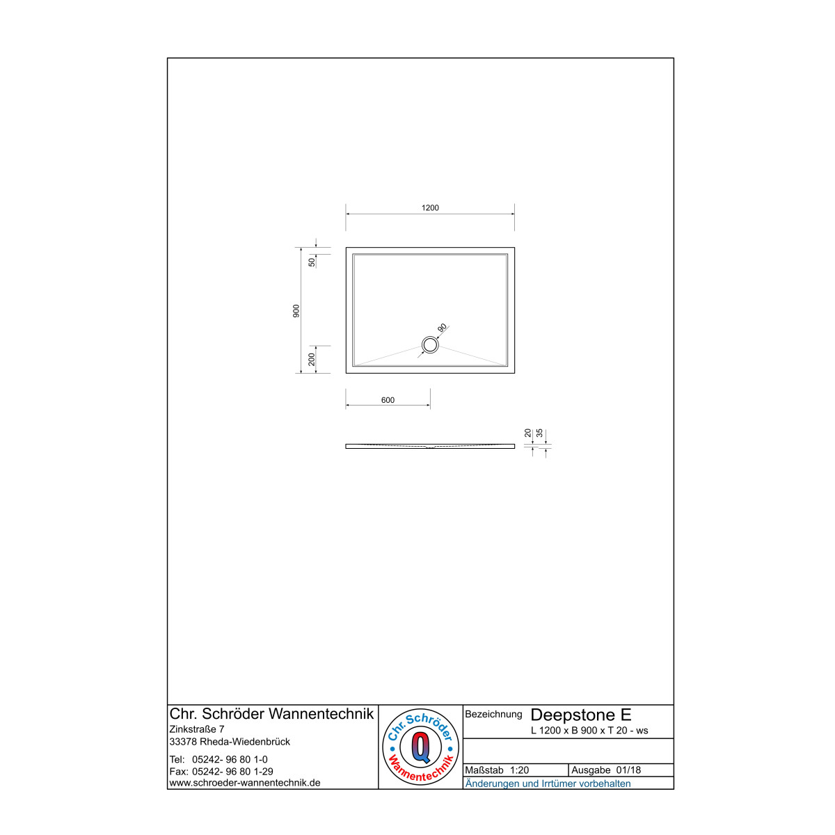 Rechteckduschwanne Deepstone E, 120 x 90 x 2 cm, weiß 