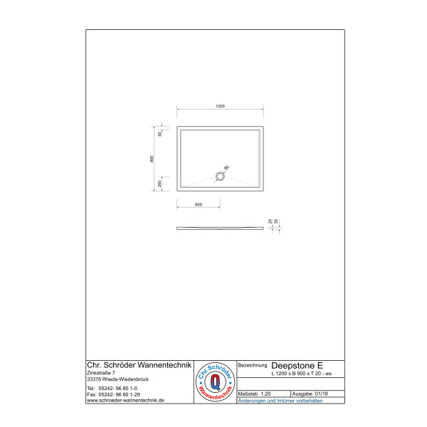 Rechteckduschwanne Deepstone E, 120 x 90 x 2 cm, weiß inkl. CS-Finish-Dichtsystem