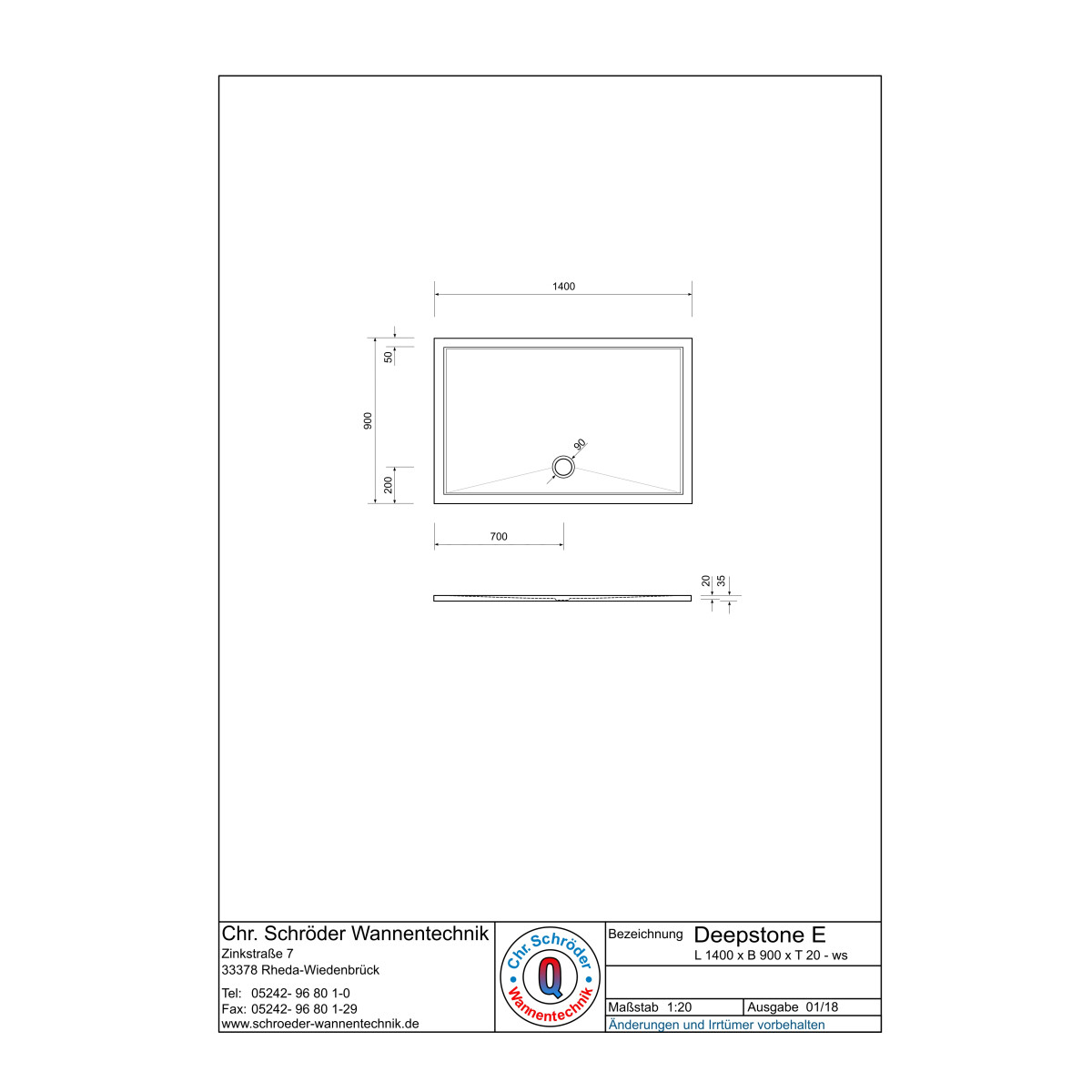 Rechteckduschwanne Deepstone E, 140 x 90 x 2 cm, weiß 