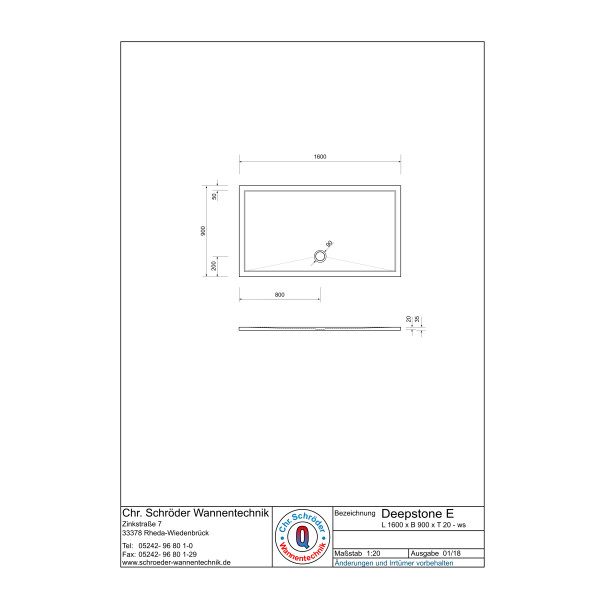 Rechteckduschwanne Deepstone E, 160 x 90 x 2 cm, weiß inkl. CS-Finish-Dichsystem