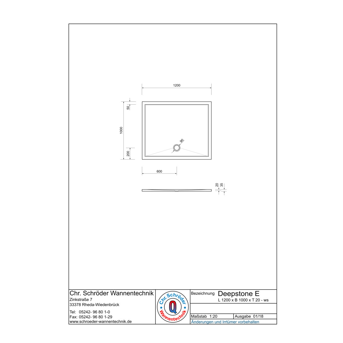Rechteckduschwanne Deepstone E, 120 x 100 x 2 cm, weiß