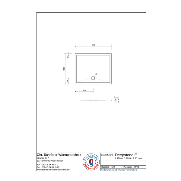 Rechteckduschwanne Deepstone E, 120 x 100 x 2 cm, weiß inkl. CS-Finish-Dichsystem