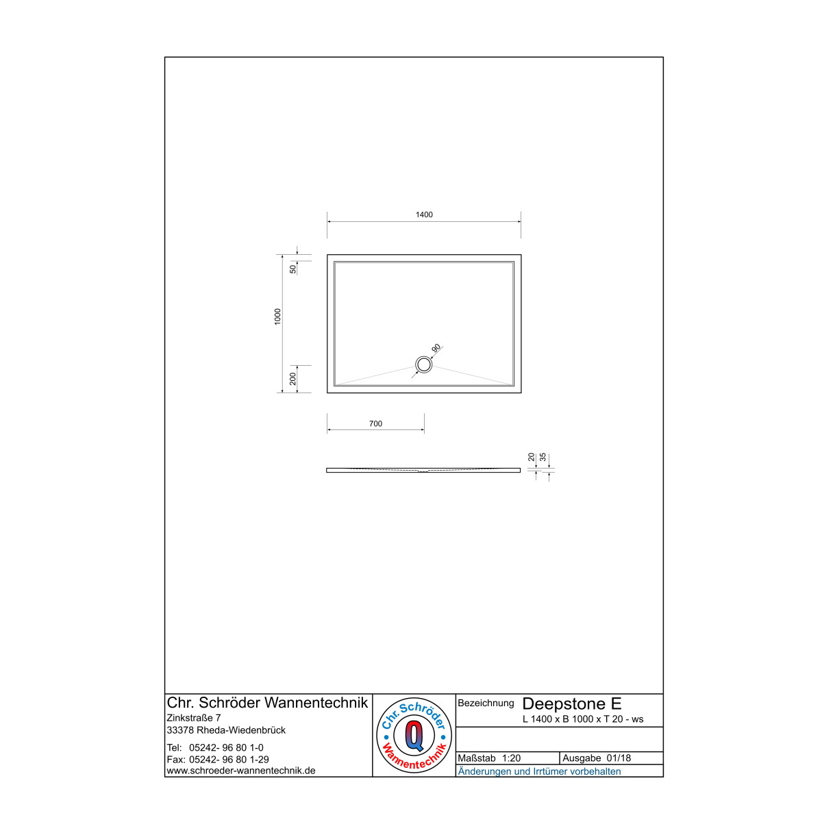 Rechteckduschwanne Deepstone E, 140 x 100 x 2 cm, weiß