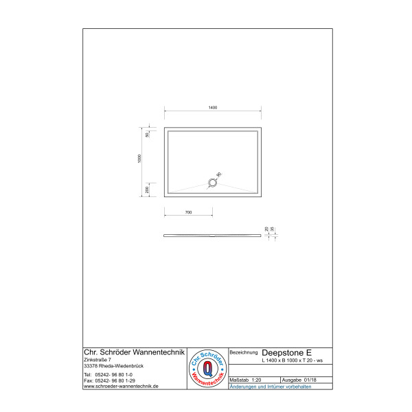 Rechteckduschwanne Deepstone E, 140 x 100 x 2 cm, weiß inkl. CS-Finish-Dichsystem