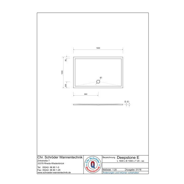 Rechteckduschwanne Deepstone E, 160 x 100 x 2 cm, weiß inkl. CS-Finish-Dichsystem