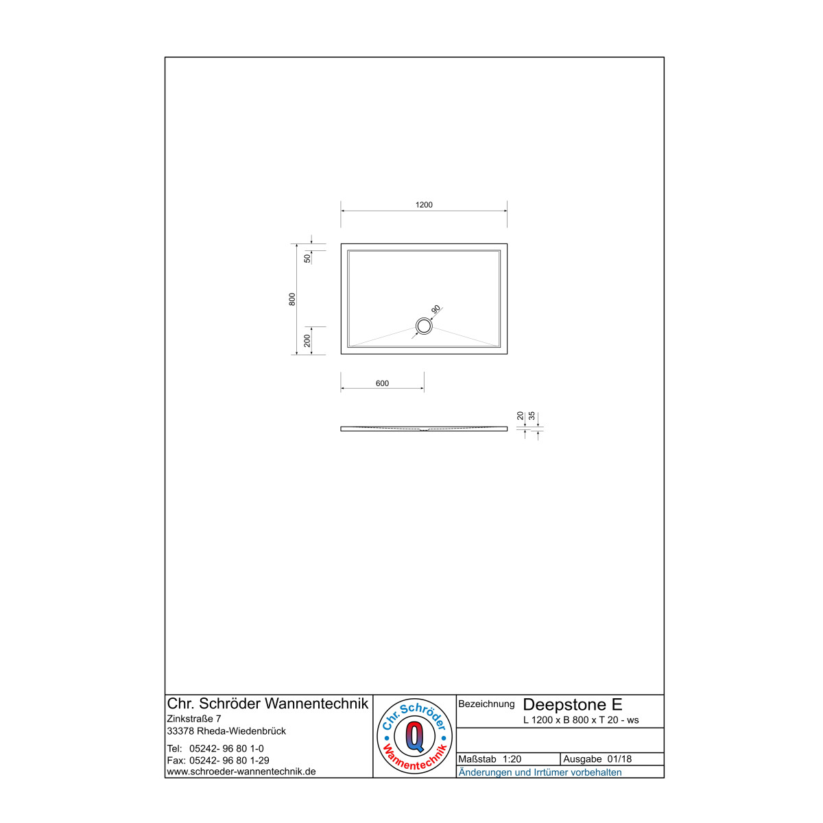 Rechteckduschwanne Deepstone E, 120 x 80 x 2 cm, weiß 