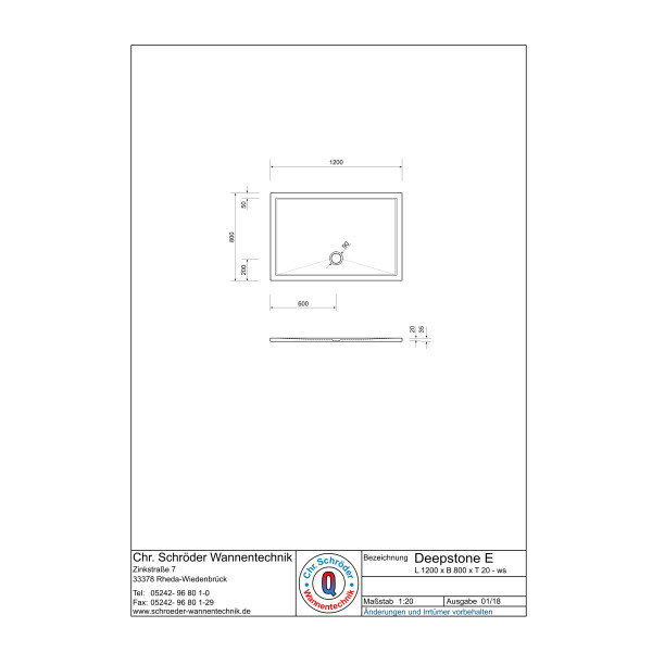 Rechteckduschwanne Deepstone E, 120 x 80 x 2 cm, weiß inkl. CS-Finish-Dichsystem