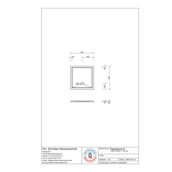 Viereckduschwanne Deepstone E, 80 x 80 x 2 cm, weiß inkl. CS-Finish-Dichsystem