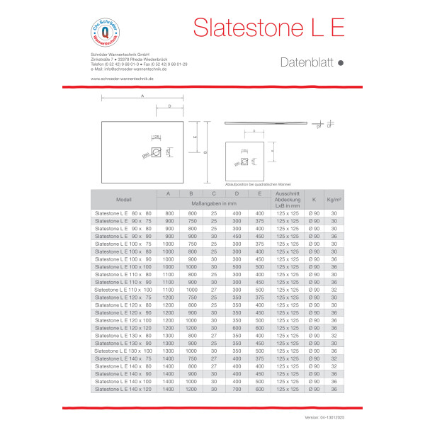 Viereckduschwanne Slatestone L E, 80 x 80 x 3 cm, perlgrau