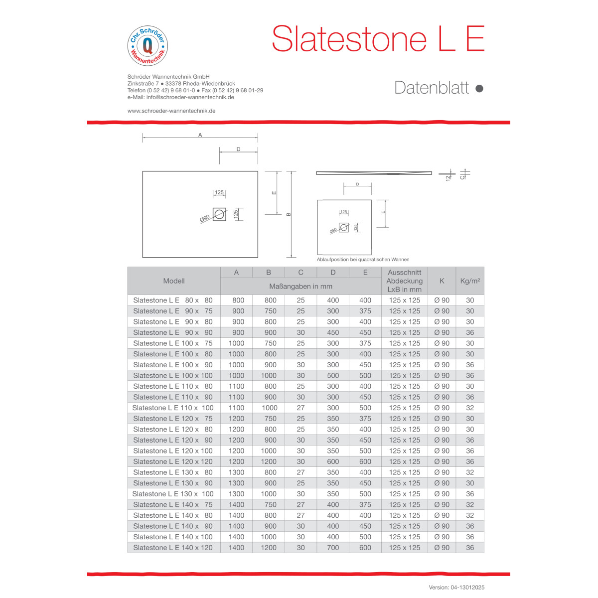 Viereckduschwanne Slatestone L E, 90 x 90 x 3 cm, mokka