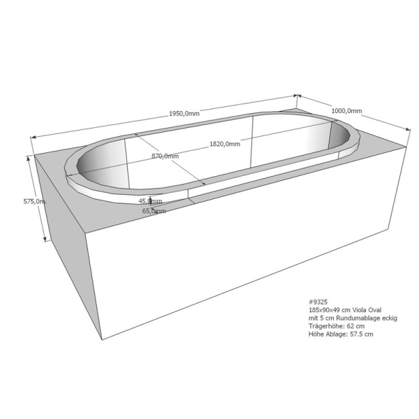 Badewannenträger für Viola, 185 x 90 x 62 cm mit 5 cm Vorbau rechteckig