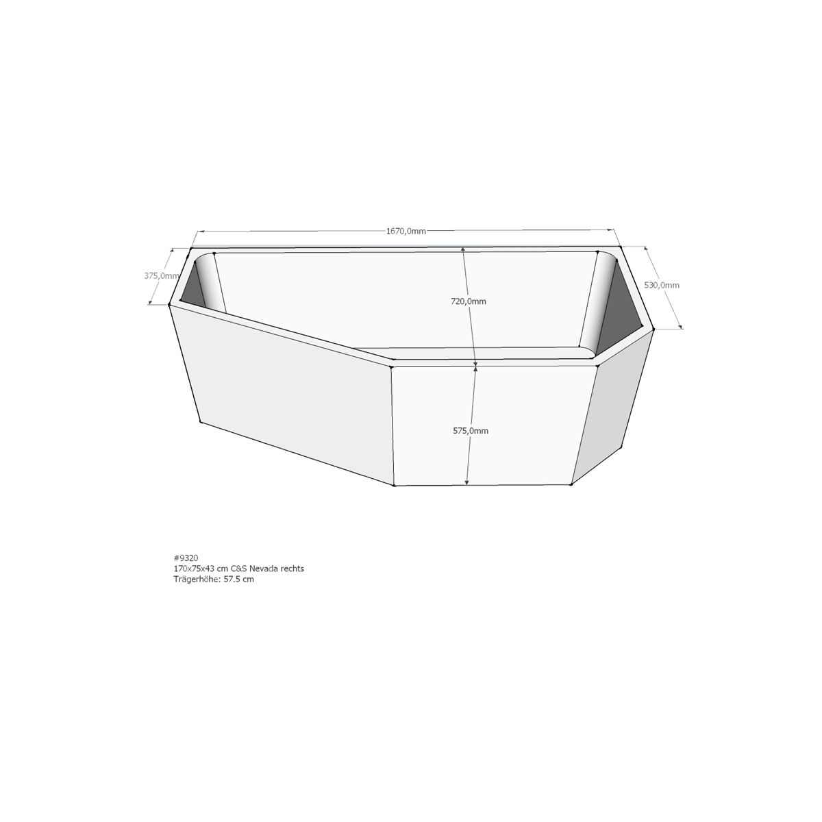 Badewannenträger für Nevada, 170 x 75 x 57,5 cm re