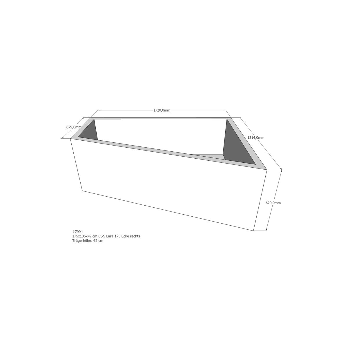 Badewannenträger für Lara, 175 x 135 x 62 cm recht