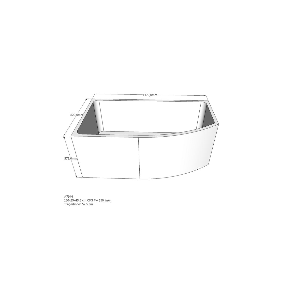 Badewannenträger für Flo, 150 x 85 x 57,5 cm links