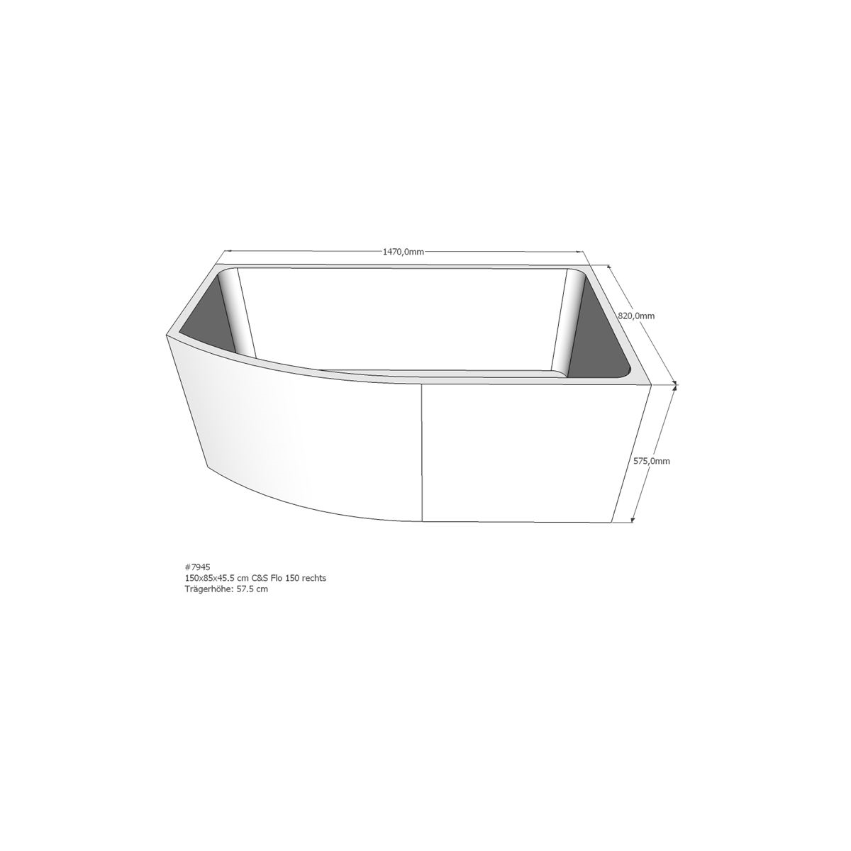 Badewannenträger für Flo, 150 x 85 x 57,5 cm recht