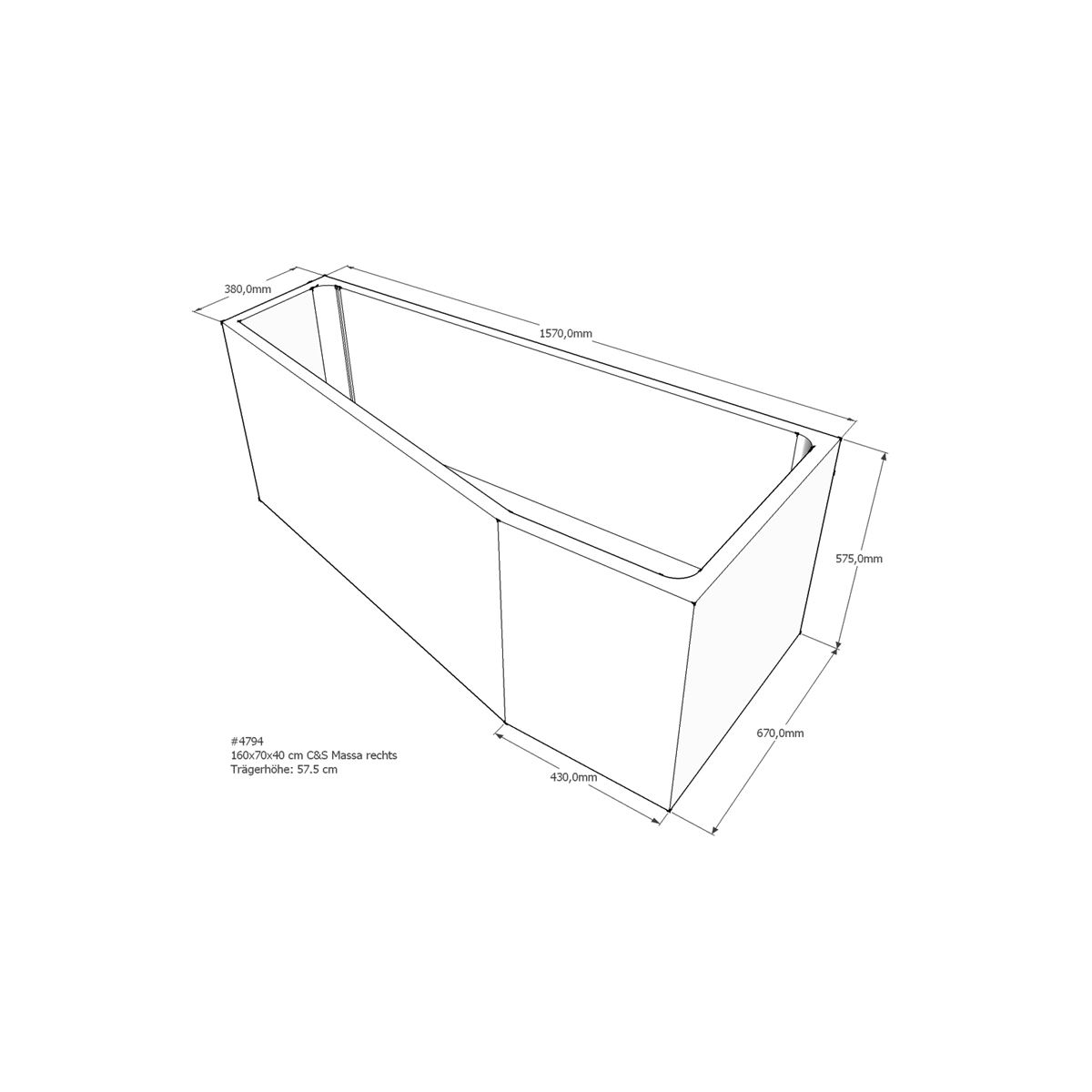 Badewannenträger für Massa, 160 x 70 x 57,5 cm rec